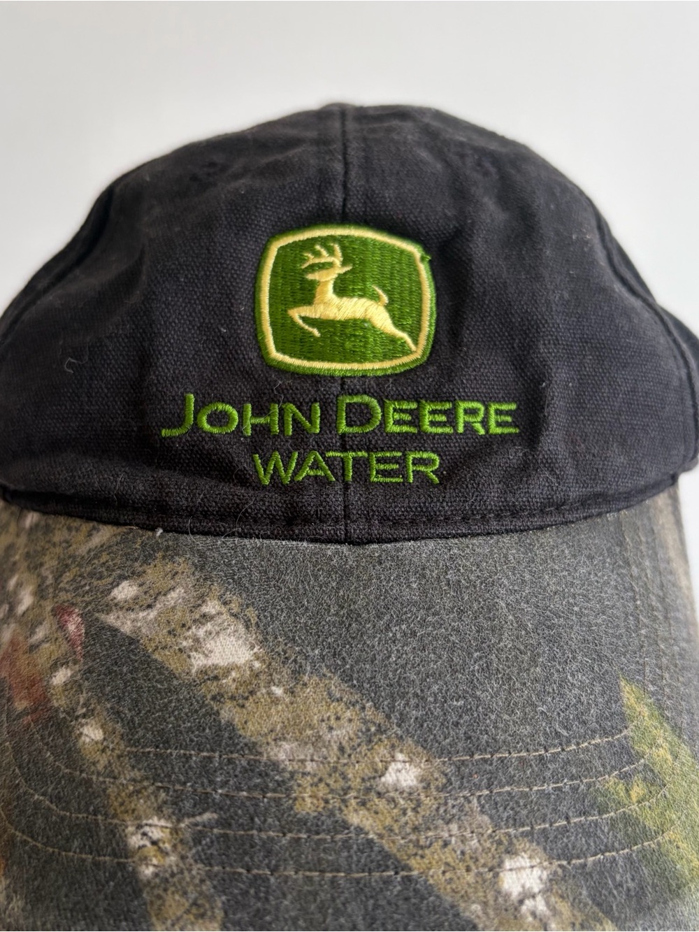 John Deere Black Cap with Green Logo and Camo Brim